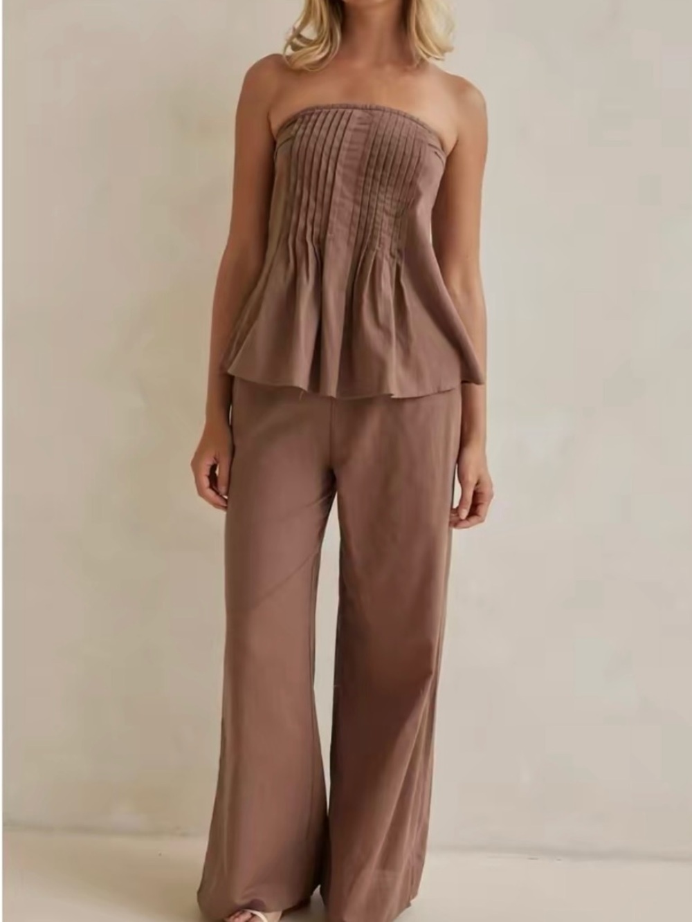 Strapless Pleated Peplum Top & Wide-Leg Pants Set
